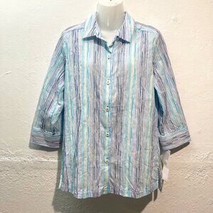 NWT Foxcroft NYC Ombre Button Up Shirt 3/4 Sleeve Shaped Fit Top Striped 8